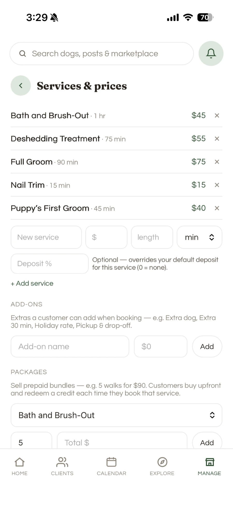 Services and prices